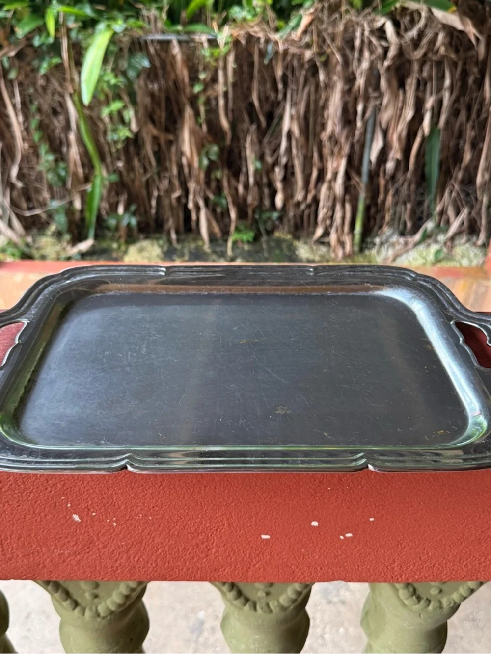 Vintage Silver Tone‎ Metal Serving Tray Ornate Handles Rectangle Vanity Tray